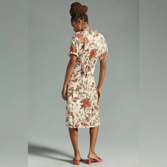 Anthropologie Pilcro Ruffle-Collar Buttondown Dress Cream Floral Boho Size 12
